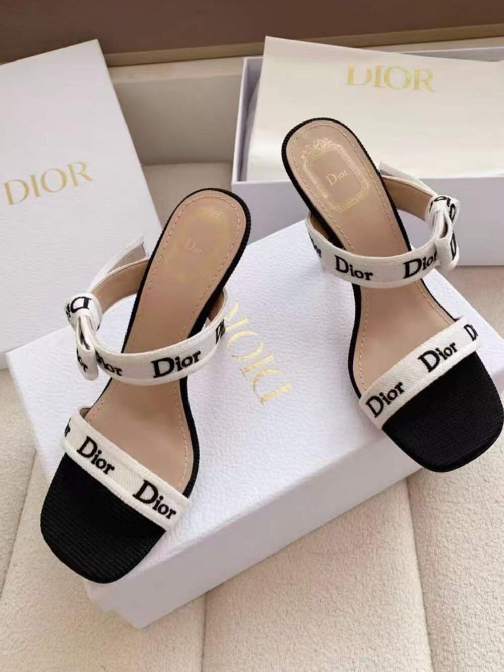 Dior J’adior Black Square‑Toe Logo Ribbon Heels